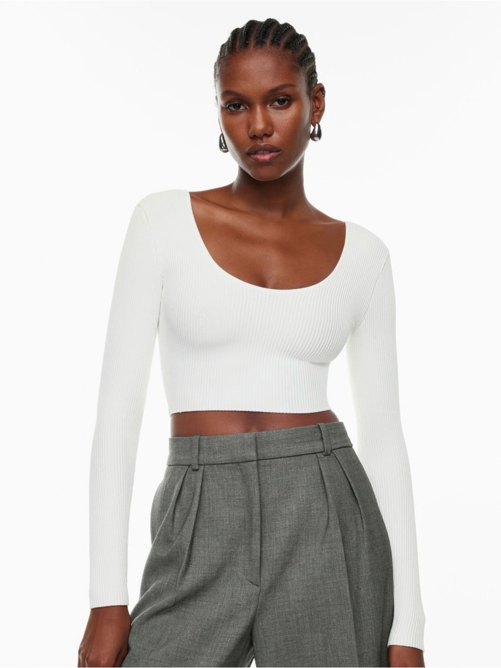 Aritzia White Ribbed Scoop-Neck Long-Sleeve Crop Top